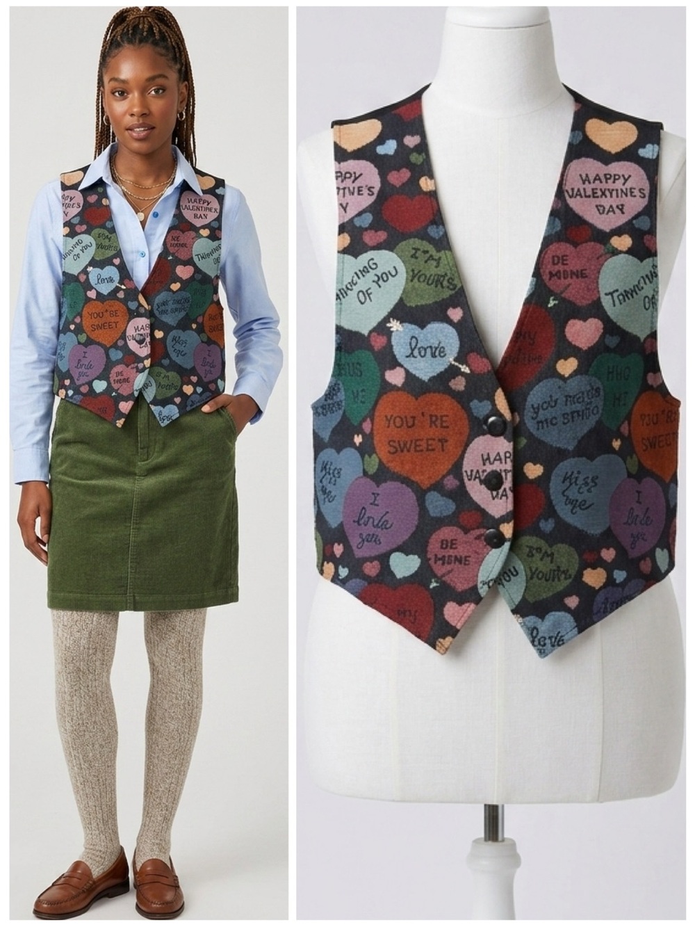 Vintage Facets Tapestry Conversation Heart Valentine Vest Waistcoat Size Medium